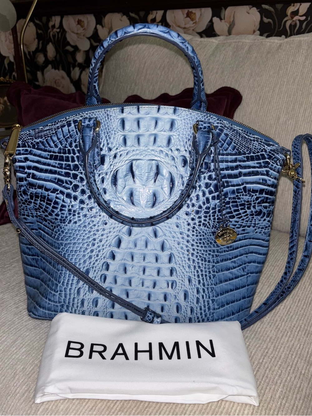 Brahmin Large Duxbury Satchel Cerulean Melbourne Blue Croc